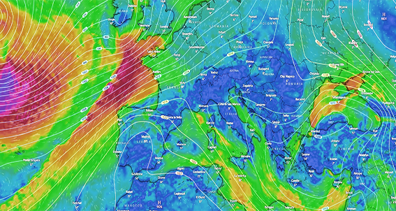 Mappa Windy pressione e vento